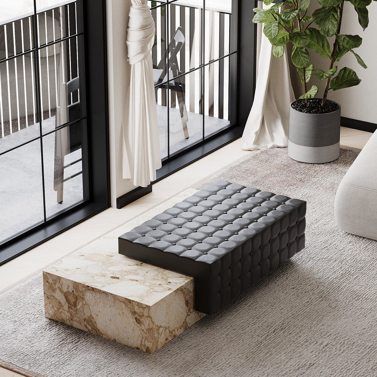 Maribo tufted leather marble chaise in Beige Breccia
