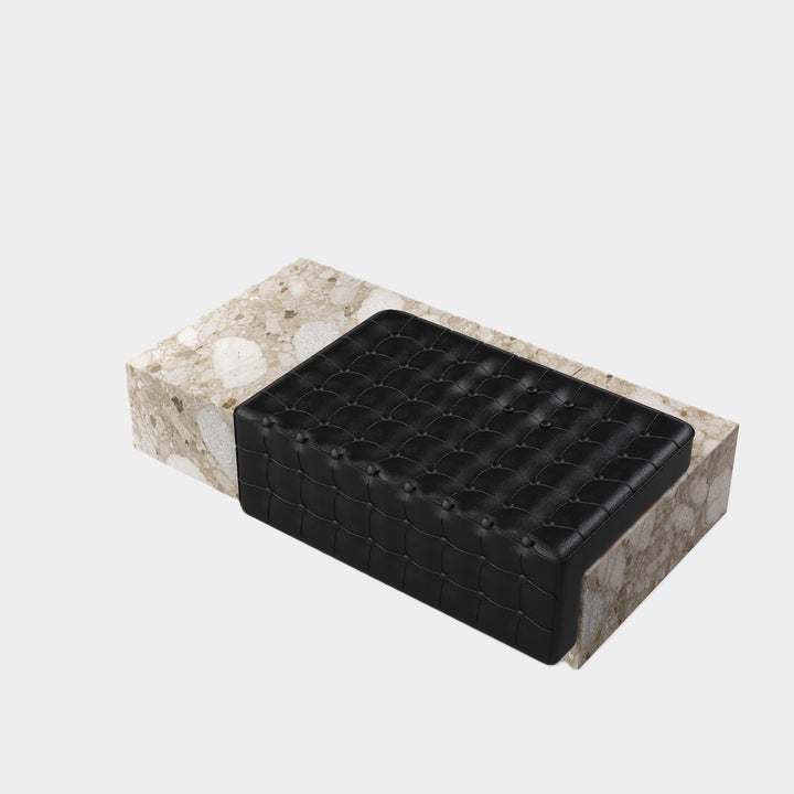 Maribo tufted leather marble chaise side view in Beige Breccia