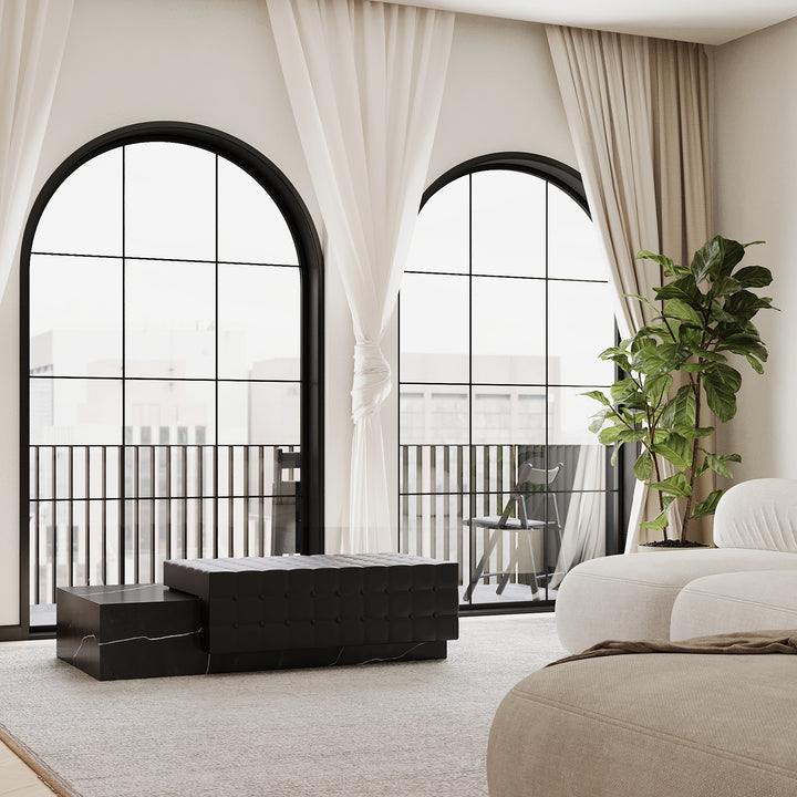 Maribo tufted leather marble chaise lifestyle view in Black Eagle