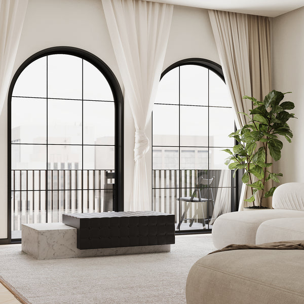 Maribo tufted leather marble chaise lifestyle view in White Carrara