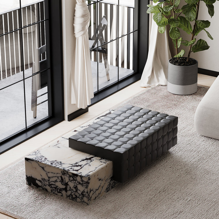 Maribo tufted leather marble chaise in Calacatta Viola