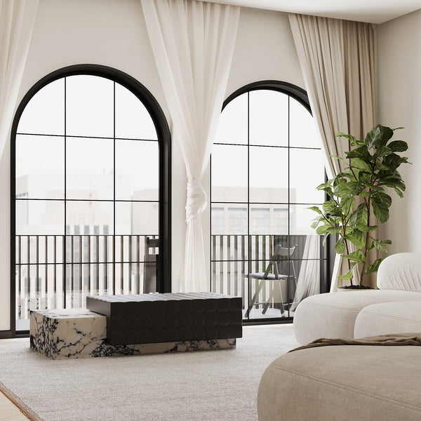 Maribo tufted leather marble chaise lifestyle view in Calacatta Viola