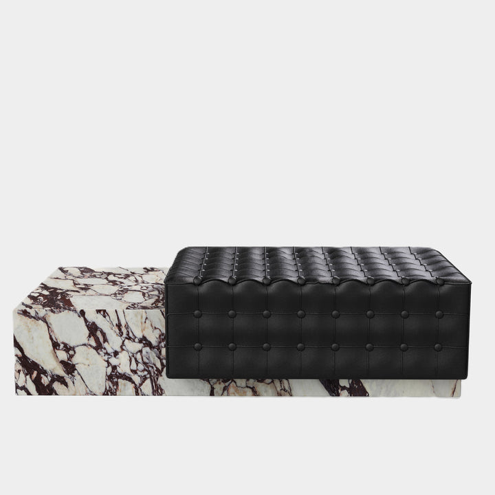 Maribo tufted leather marble chaise front view in Calacatta Viola