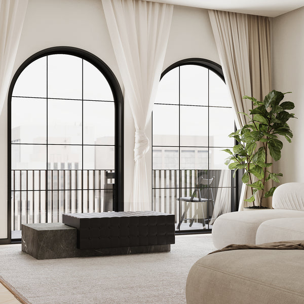 Maribo tufted leather marble chaise lifestyle view in Grey Kenzo