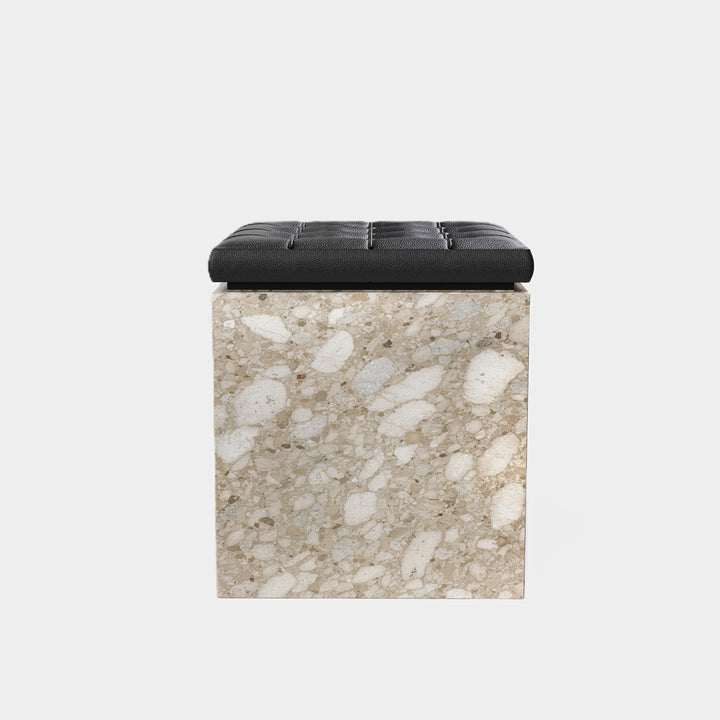 Halden tufted leather marble ottoman front view in Beige Breccia