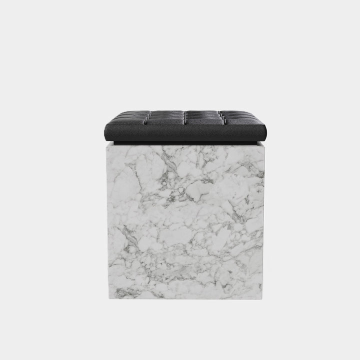 Halden tufted leather marble ottoman front view in White Carrara