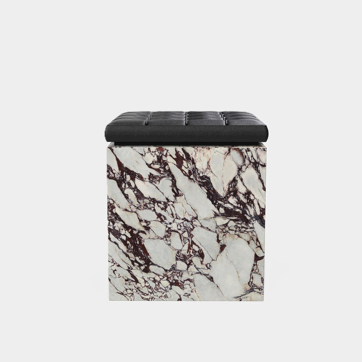 Halden tufted leather marble ottoman front view in Calacatta Viola