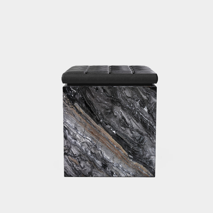Halden tufted marble ottoman front view in Grey Galaxy