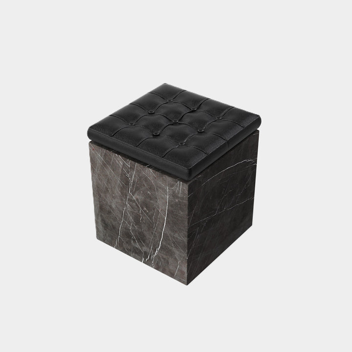 Halden tufted leather marble ottoman side view in Grey Kenzo