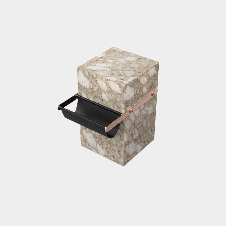 Aarhaus marble side table side view in Beige Breccia