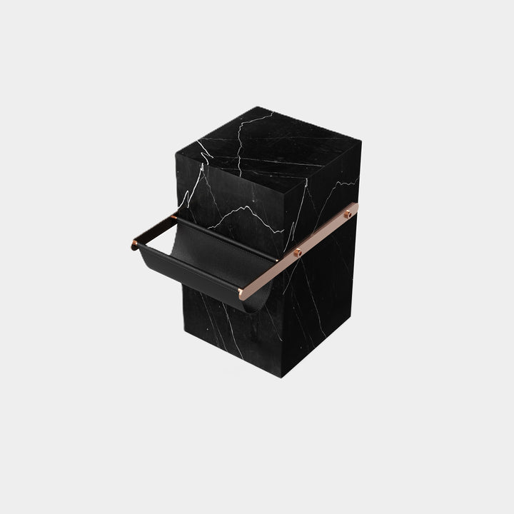 Black Aarhaus marble side table side view in Black Eagle