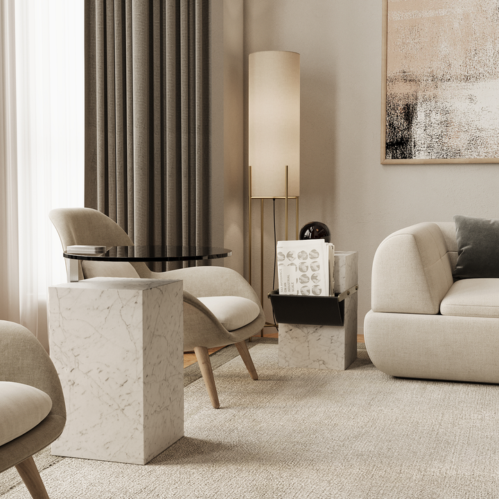 Skagen marble side table lifestyle living room view in White Carrara