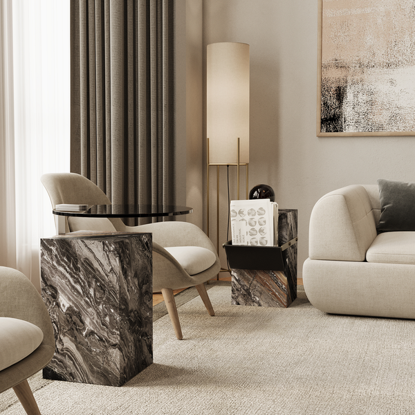 Skagen marble side table lifestyle living room view in Grey Galaxy