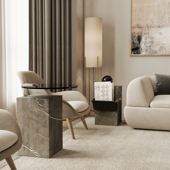 Skagen marble side table lifestyle view in Grey Kenzo