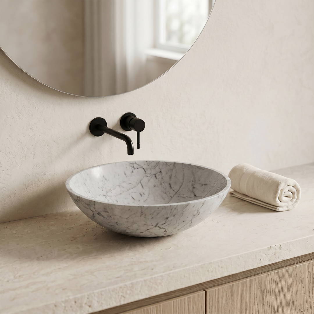 Round marble washbasin by Nordst — polished natural stone bathroom basin