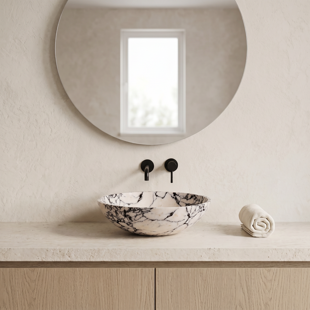 Calacatta Viola marble basin — front profile