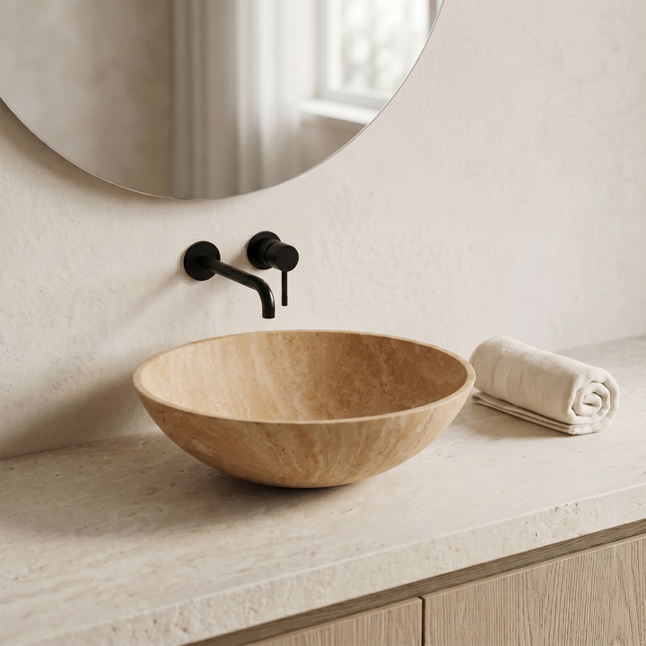 Beige travertine basin side profile