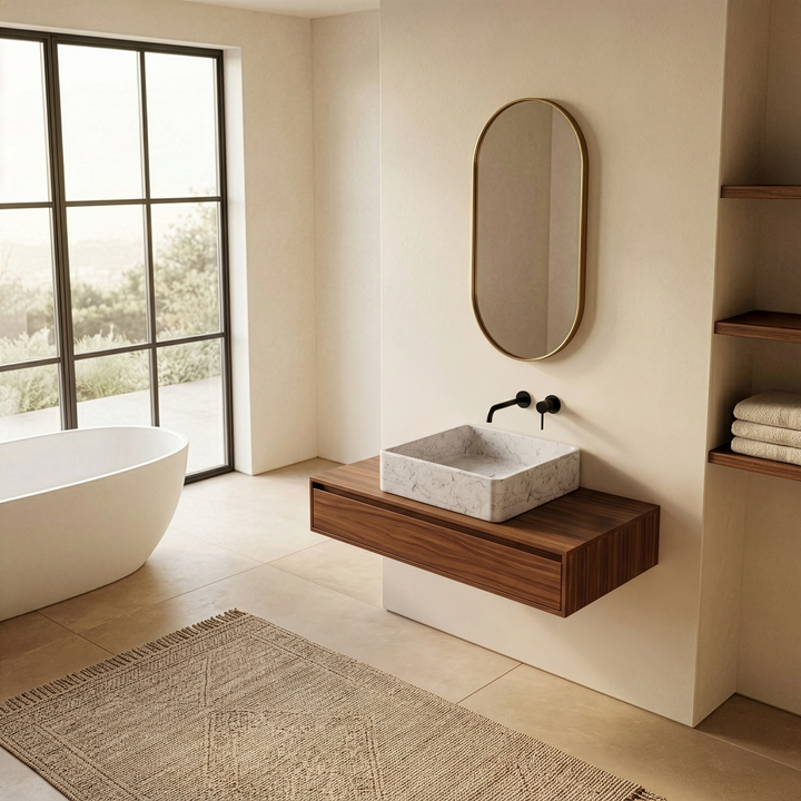 Side profile of Maiken square marble washbasin in White Carrara showing depth and clean geometric silhouette