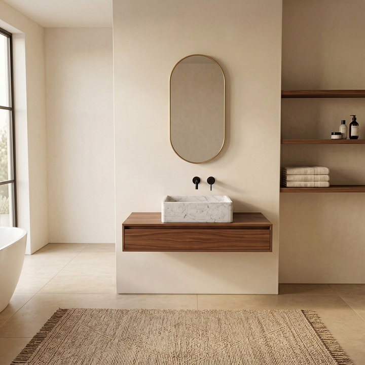 Maiken square marble washbasin in White Carrara by Nordst, polished Italian natural stone with soft grey veining