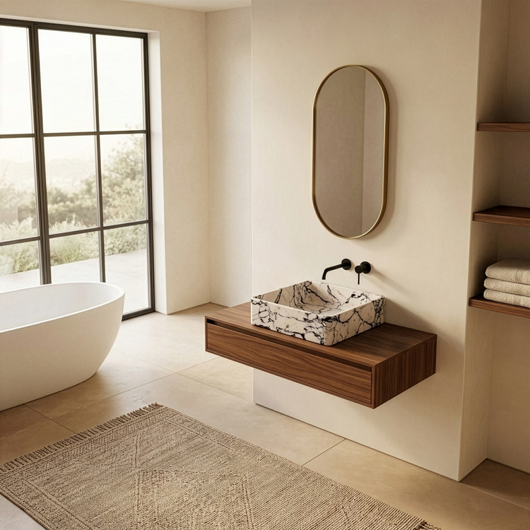 Side profile of Maiken square marble washbasin in Calacatta Viola showing depth and rich natural stone character