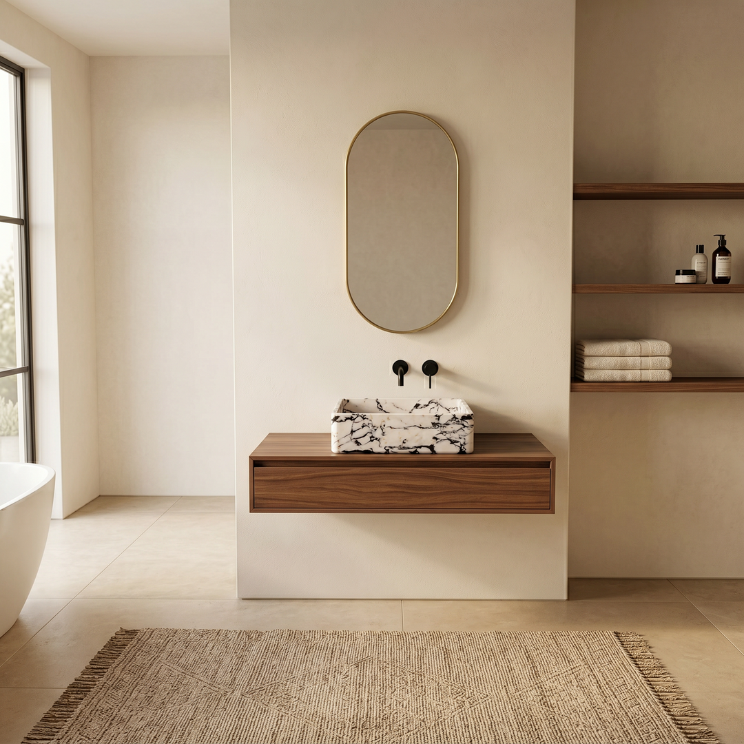 Maiken square marble washbasin in Calacatta Viola by Nordst, polished Italian natural stone with distinctive purple veining