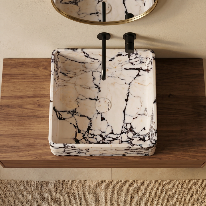 Maiken square basin in Calacatta Viola marble top view showing polished interior bowl and dramatic violet-grey veining
