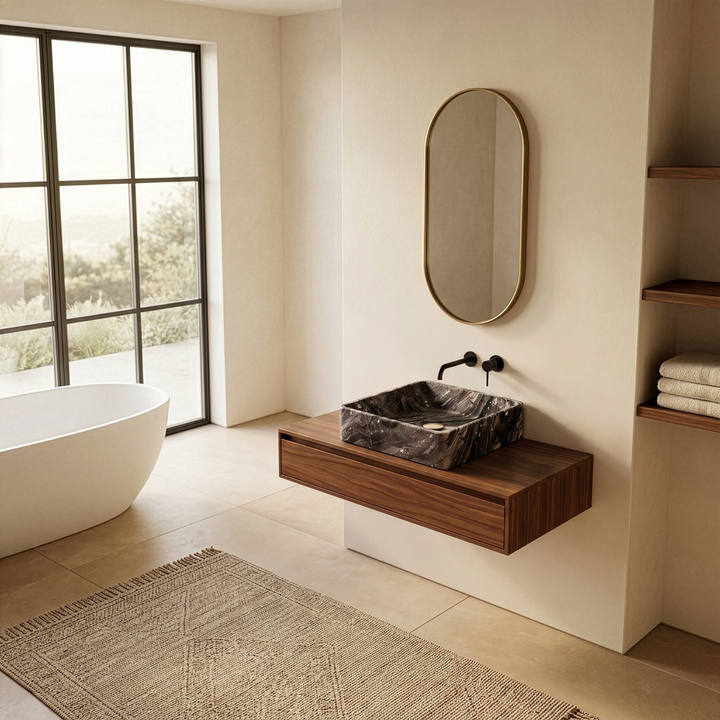 Maiken square marble washbasin in Grey Galaxy by Nordst, polished natural stone with dramatic grey and white veining