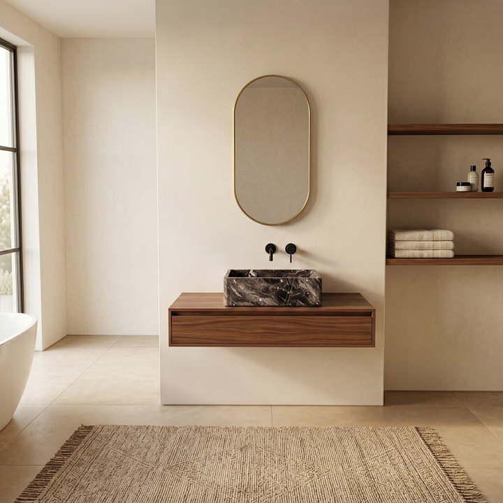 Side profile of Maiken square marble washbasin in Grey Galaxy showing depth and clean architectural lines