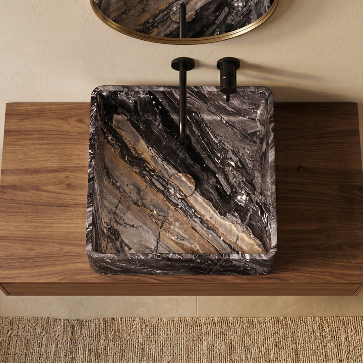 Maiken square basin in Grey Galaxy marble top view showing polished interior bowl and cosmic grey veining