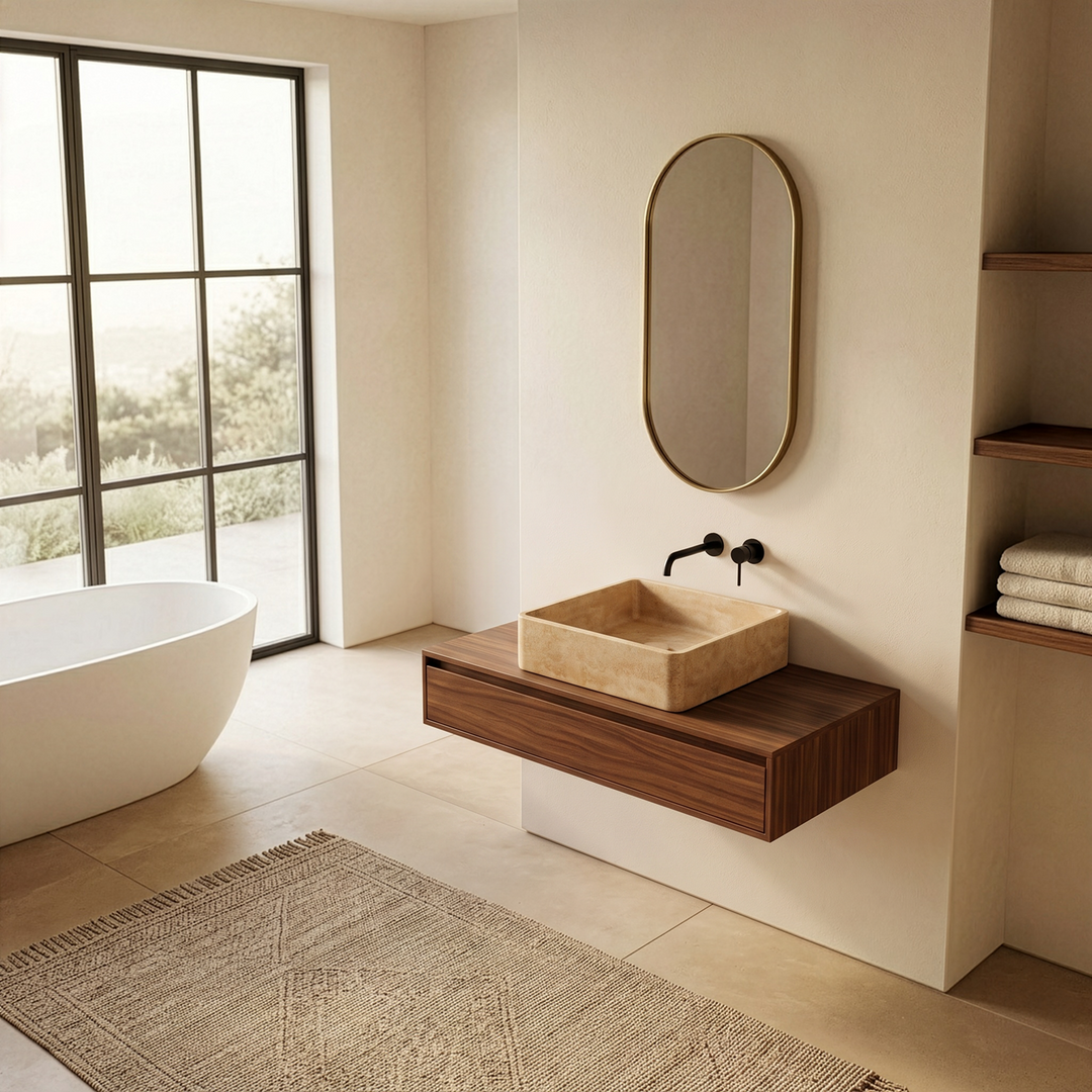 Beige travertine basin side profile