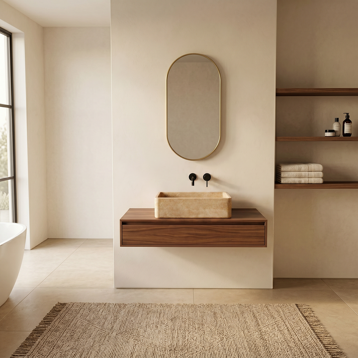 Beige travertine basin by Nordst, front view