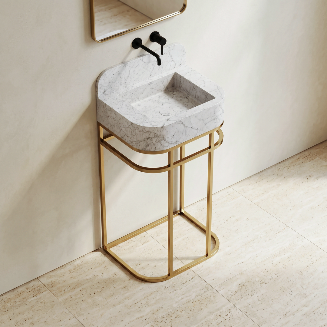 NORDST Assens marble vanity in Grey Galaxy marble with gold brass frame — Side View