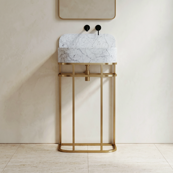 NORDST Assens marble vanity in Grey Galaxy marble with gold brass frame — Front View