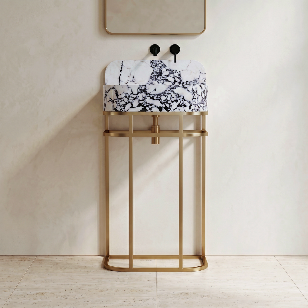 NORDST Assens marble vanity in Calacatta Viola marble with gold brass frame — Front View
