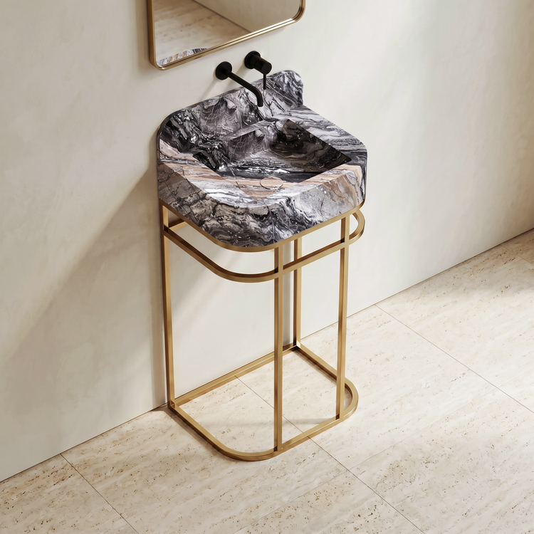 NORDST Assens marble vanity in Grey Galaxy marble with gold brass frame — Side View