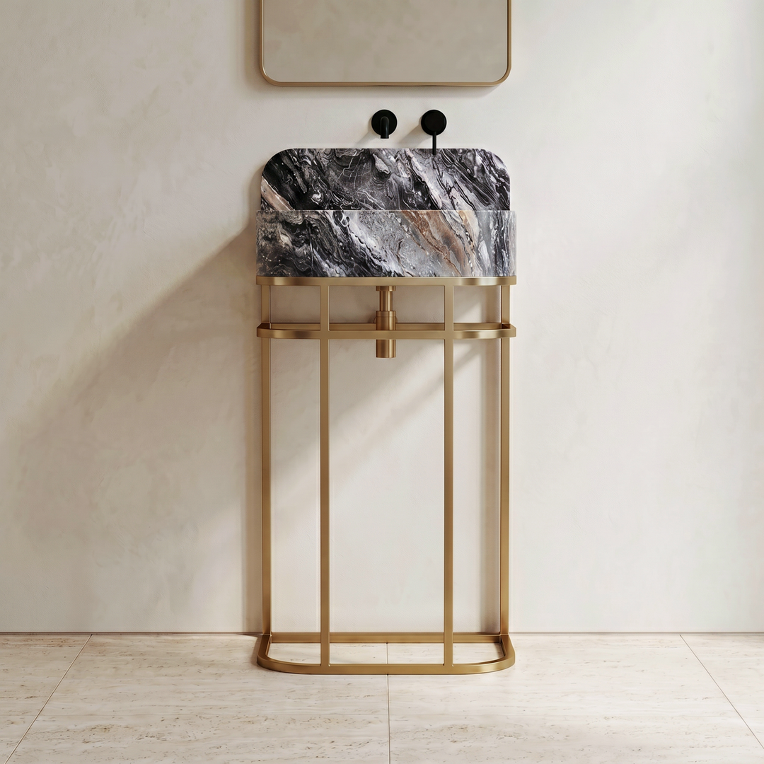 NORDST Assens marble vanity in Grey Galaxy marble with gold brass frame — Front View