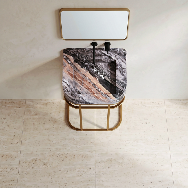 NORDST Assens marble vanity in Grey Galaxy marble with gold brass frame — Top View