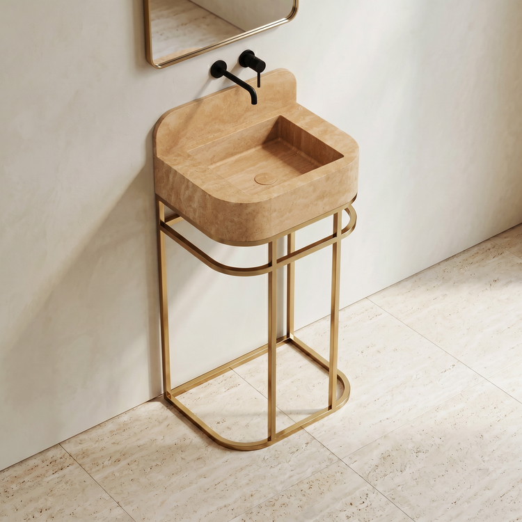 NORDST Assens marble vanity in Beige Travertine marble with gold brass frame - Side View