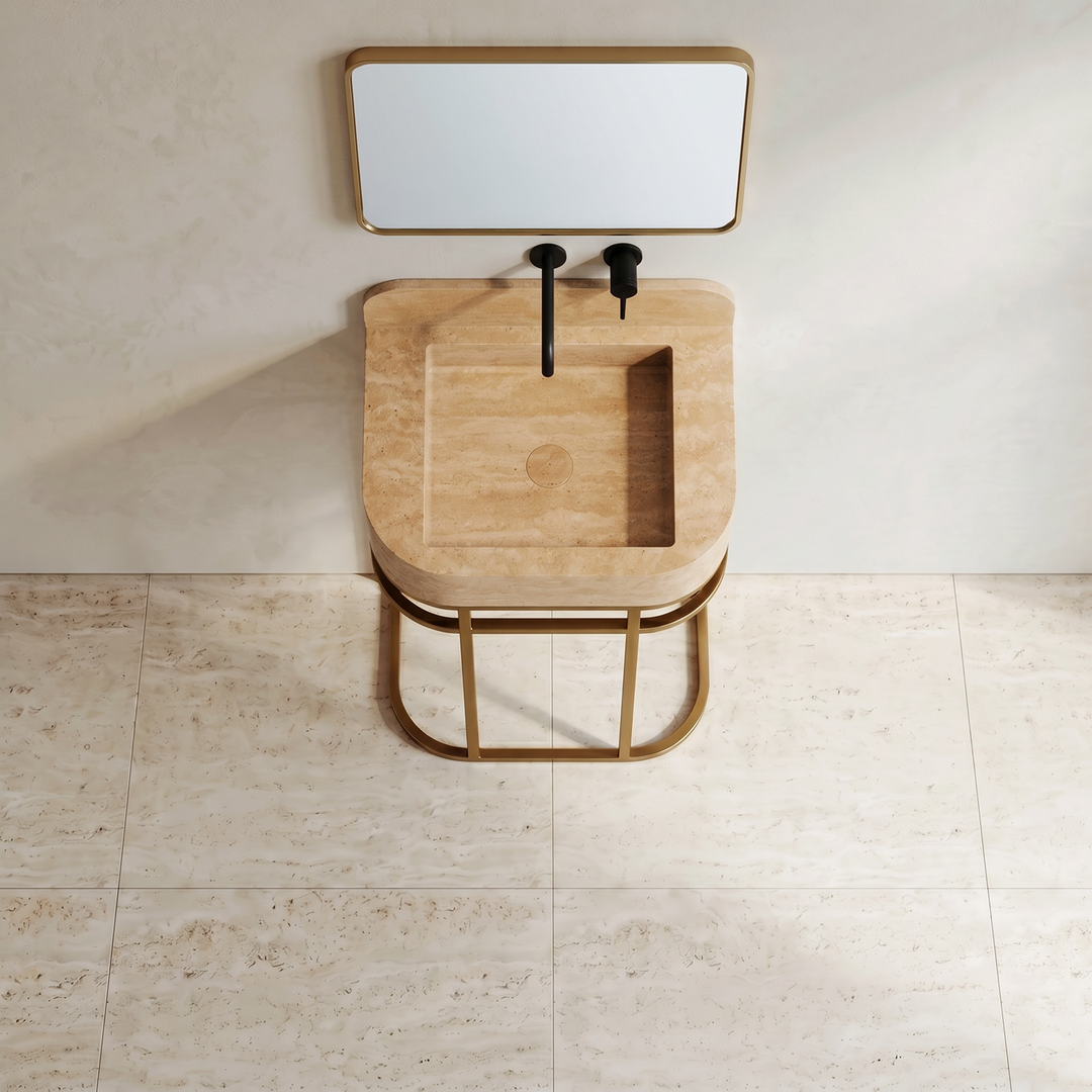 NORDST Assens marble vanity in Beige Travertine marble with gold brass frame - Top View