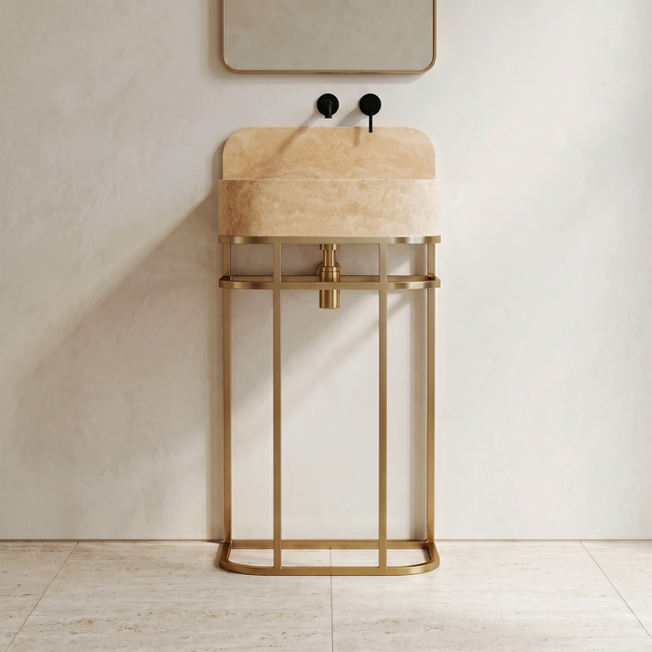 NORDST Assens marble vanity in Beige Travertine marble with gold brass frame - Front View
