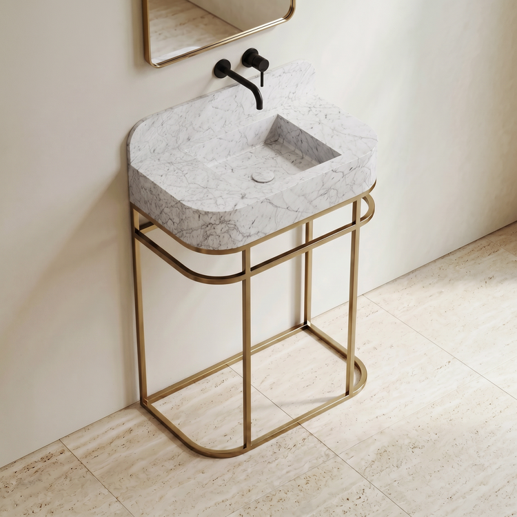 NORDST Assens marble vanity in White Carrara marble with gold brass frame - Large - Side View