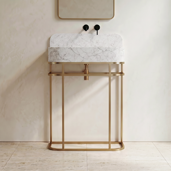 NORDST Assens marble vanity in White Carrara marble with gold brass frame - Large - Front View