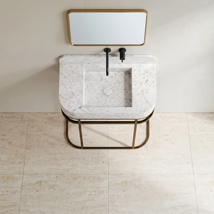 NORDST Assens marble vanity in White Carrara marble with gold brass frame - Large - Top View