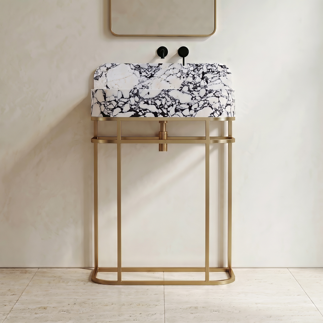 NORDST Assens marble vanity in Calacatta Viola marble with gold brass frame - Large - Front View