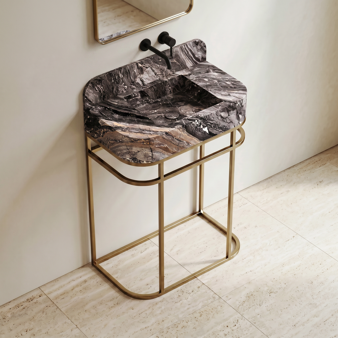 NORDST Assens marble vanity in Grey Galaxy marble with gold brass frame - Large - Side View