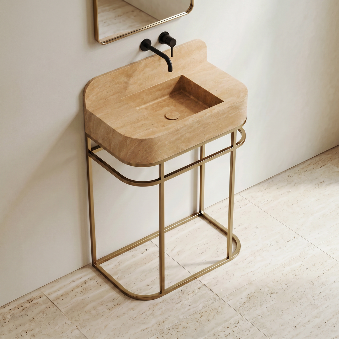 NORDST Assens marble vanity in Beige Travertine marble with gold brass frame - Large - Side View