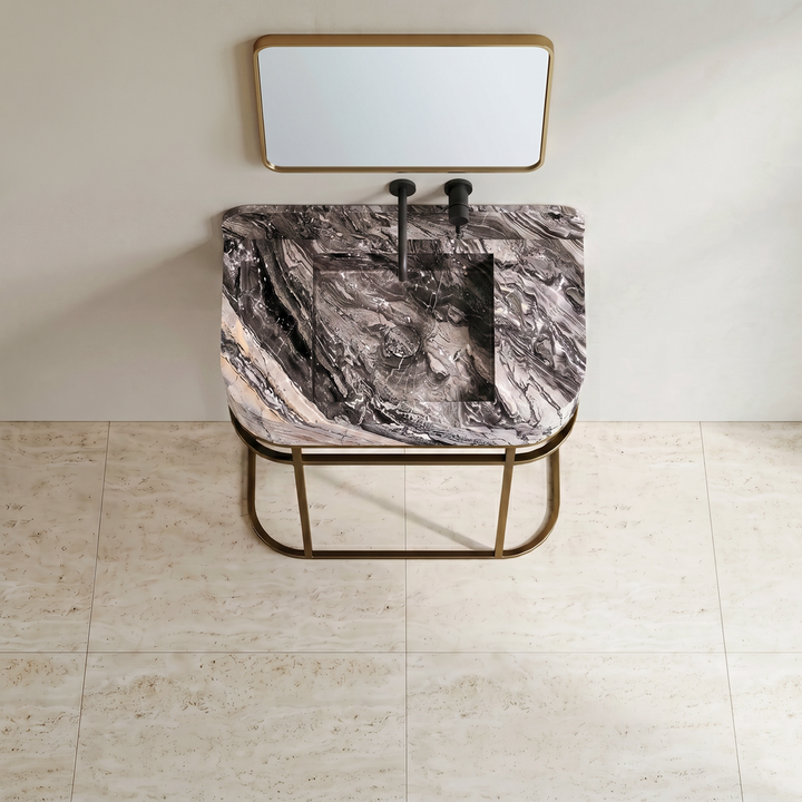 NORDST Assens marble vanity in Grey Galaxy marble with gold brass frame - Large - Top View