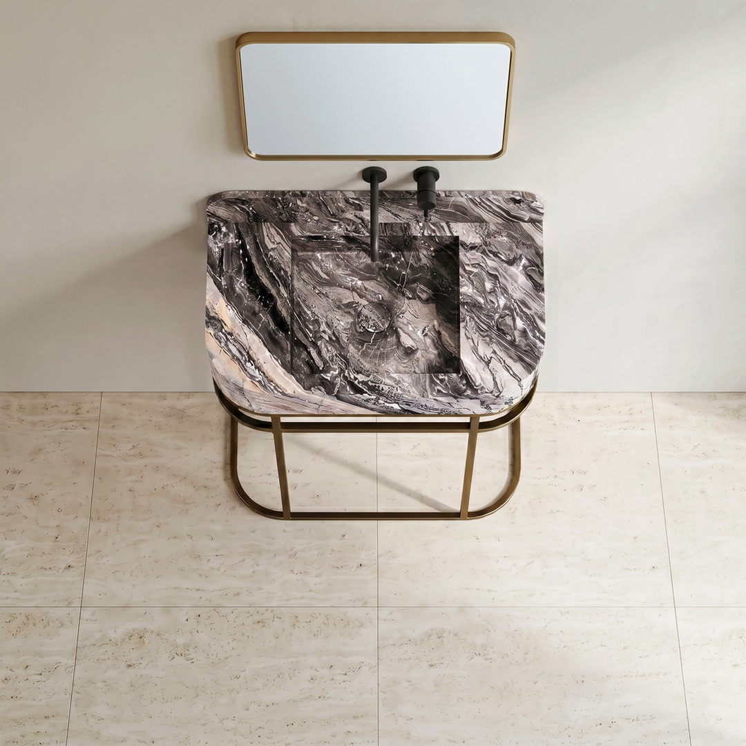 NORDST Assens marble vanity in Grey Galaxy marble with gold brass frame - Large - Top View