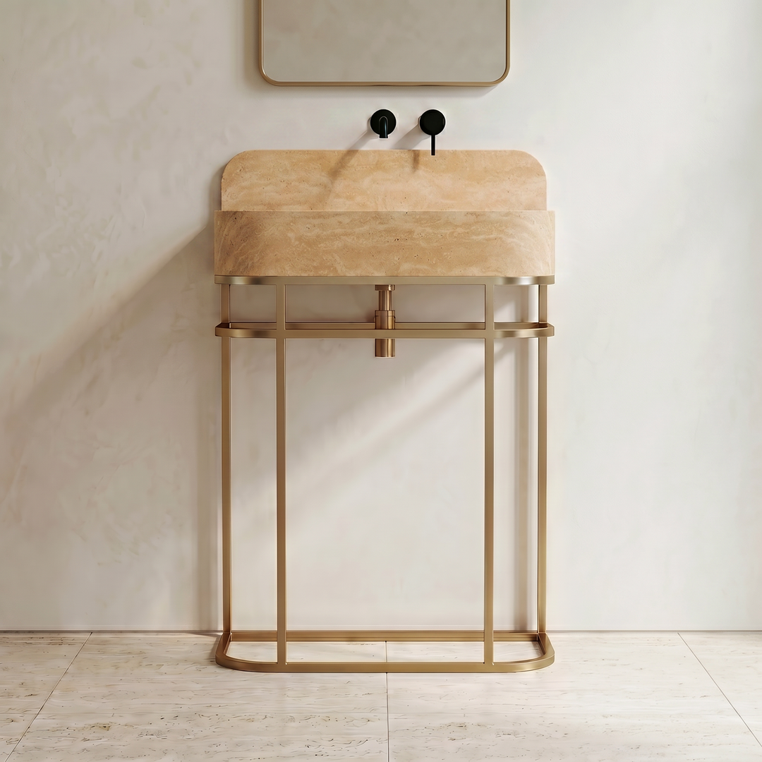 NORDST Assens marble vanity in Beige Travertine marble with gold brass frame - Large - Front View