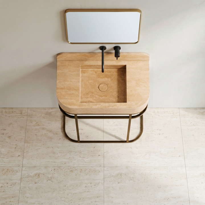 NORDST Assens marble vanity in Beige Travertine marble with gold brass frame - Large - Top View